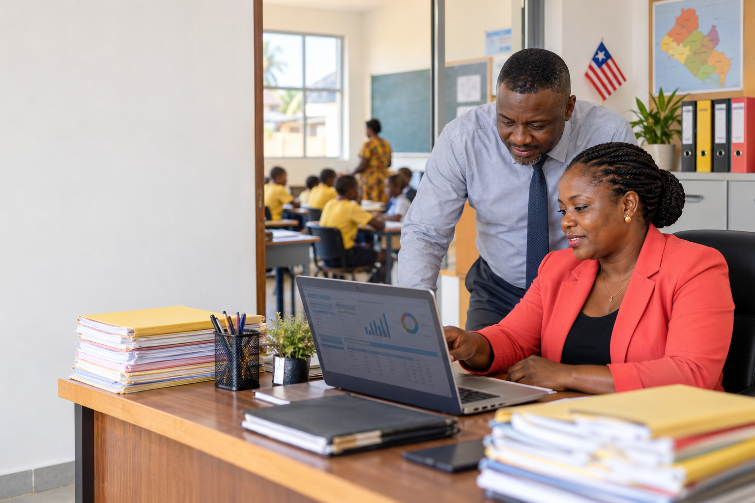 Consultants reviewing an institutional management dashboard with a school administrator